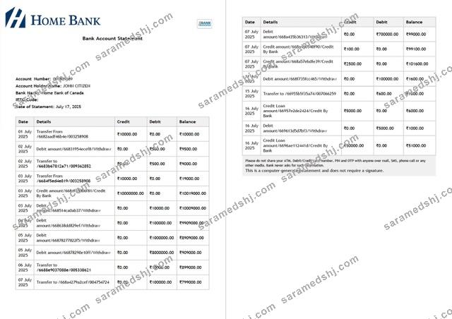 Canada Home bank of Canada account statement Word and PDF template, 2 pages